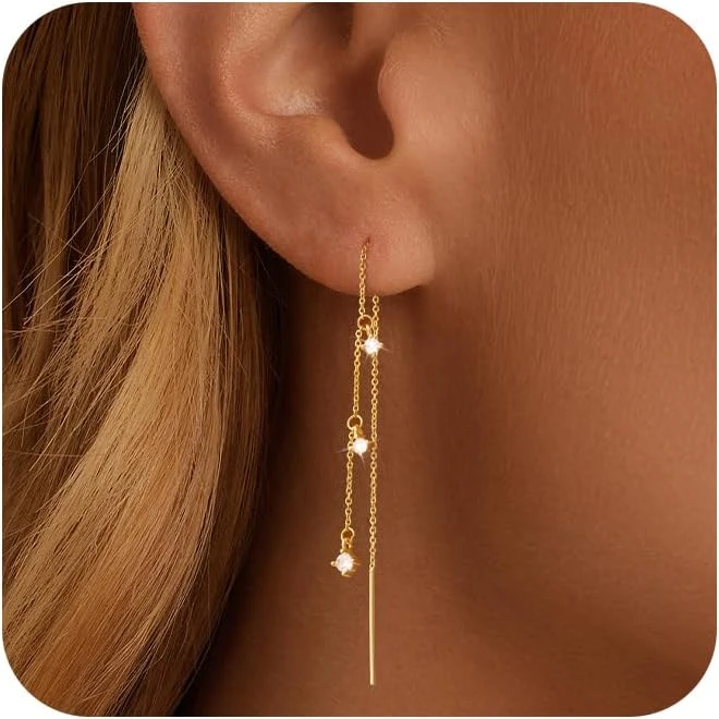 Gold threader earrings for tiered black evening dress styling
