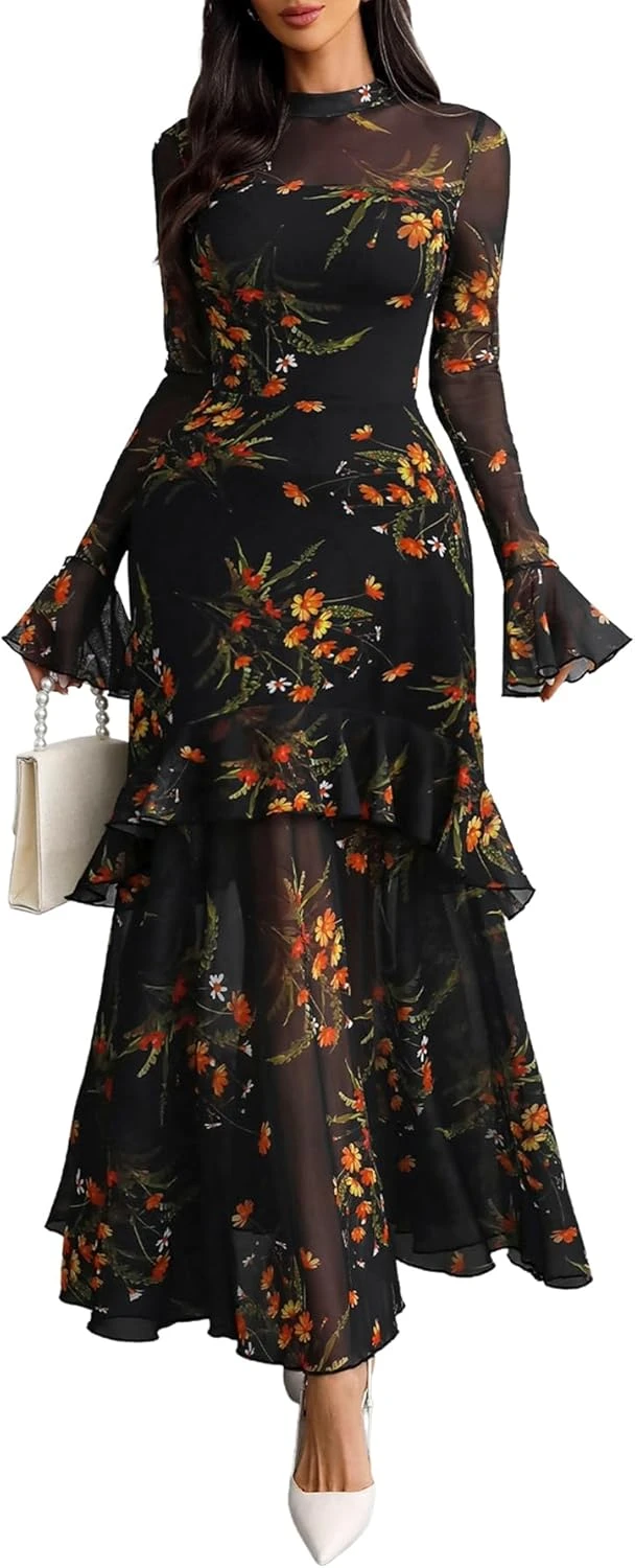 Black long sleeve fitted maxi evening dress for winter formal events