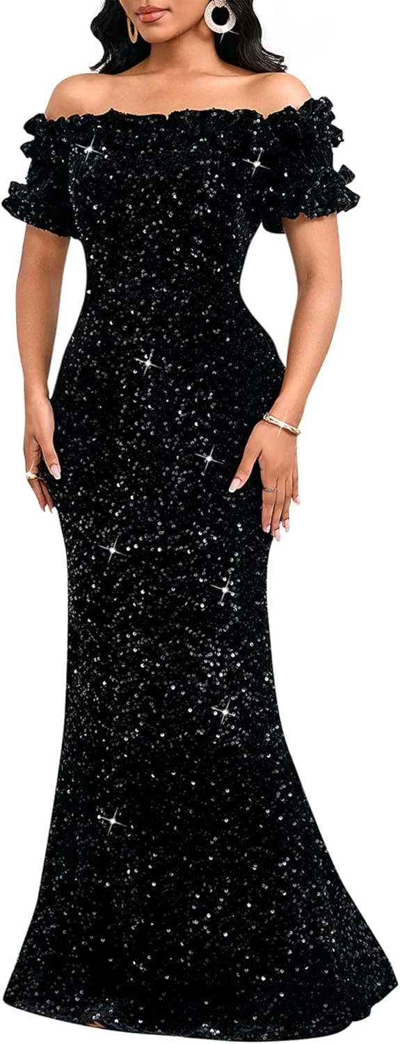 Black off shoulder mermaid evening dress with fitted bodice for galas
