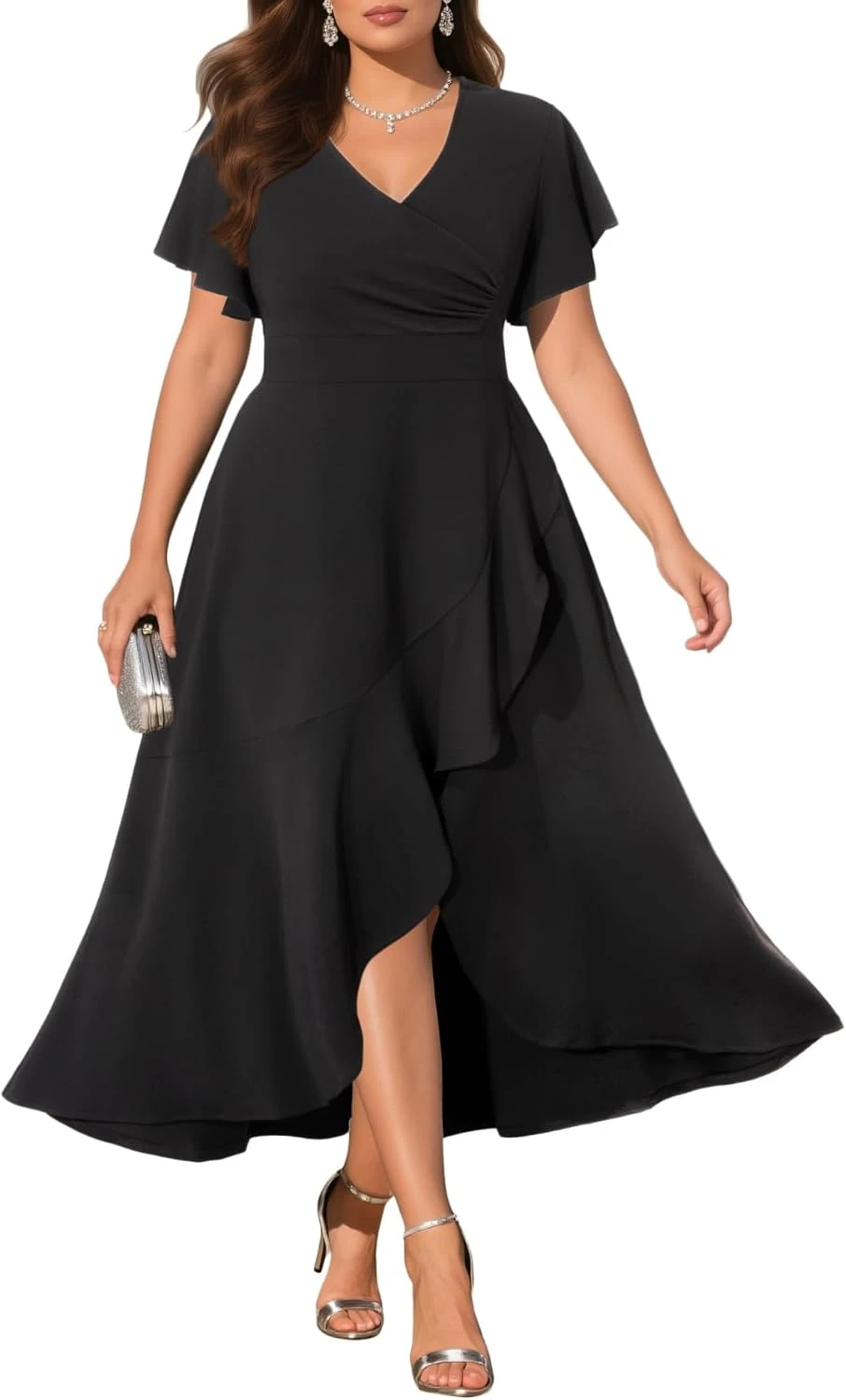 Plus size black empire waist evening gown with chiffon skirt for formal events
