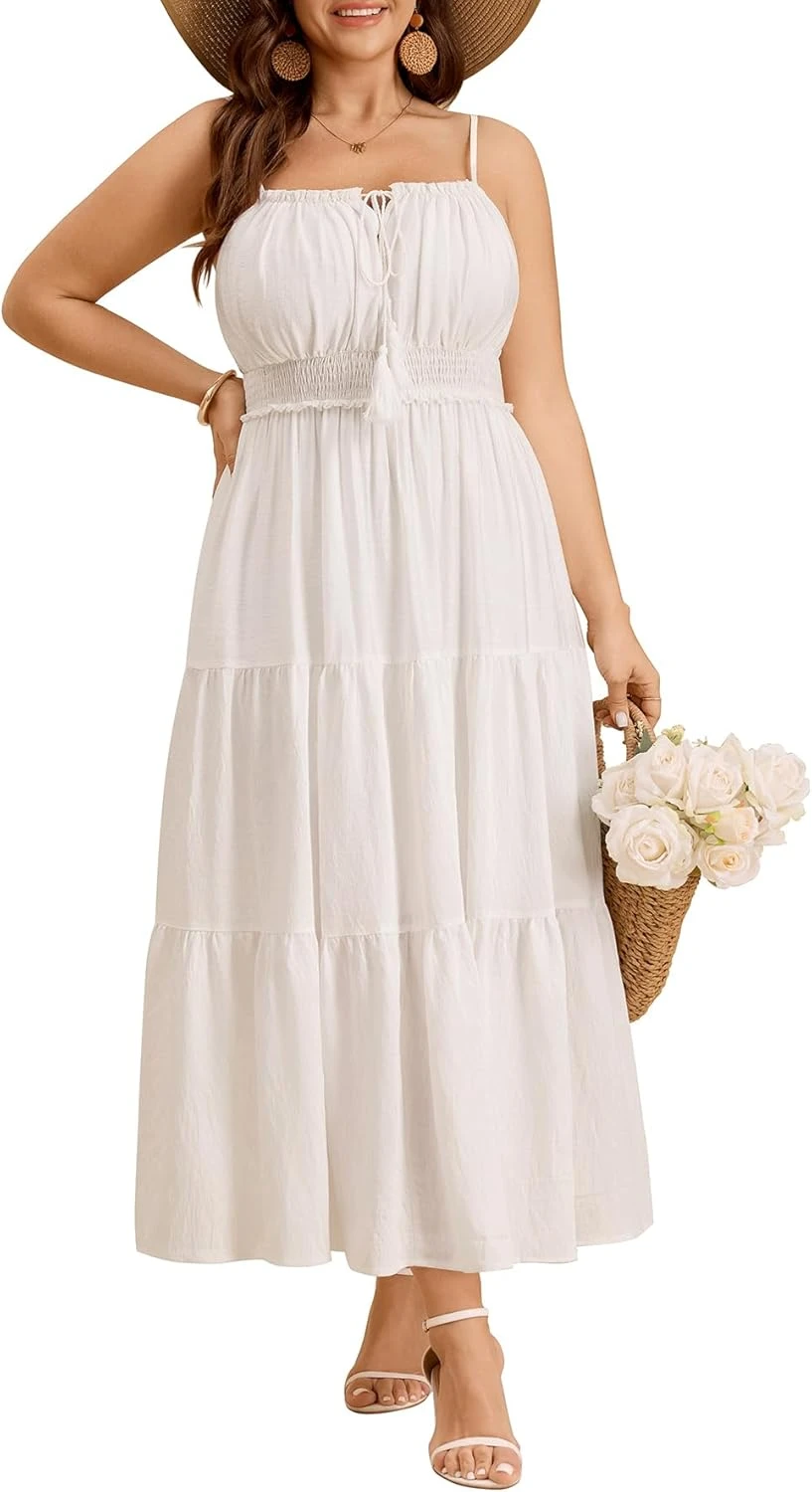 Plus size white tiered maxi dress for boho summer events