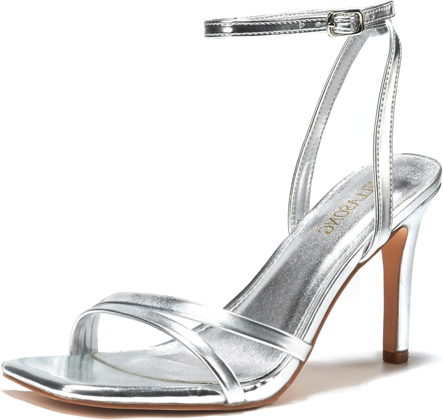 Silver ankle strap heels for formal black evening dress looks
