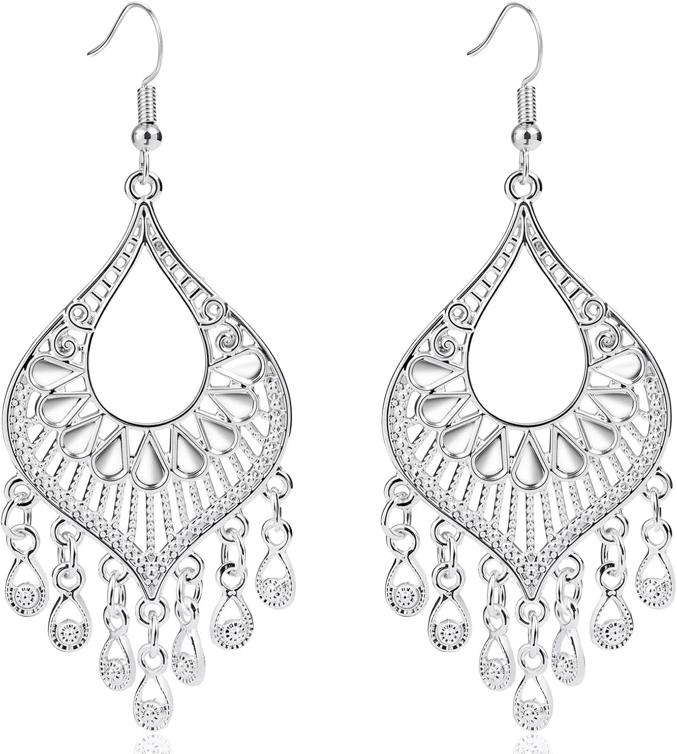 Silver chandelier earrings for black and white evening dress looks