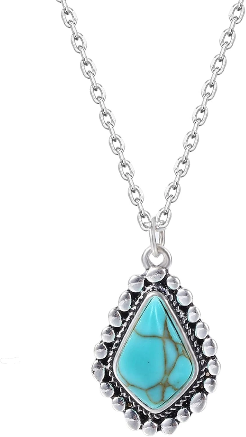 Turquoise pendant necklace for white crochet boho dress outfits