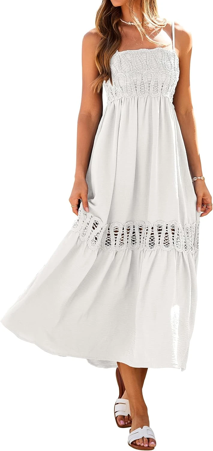 White maxi dress with crochet bodice for designer boho looks
