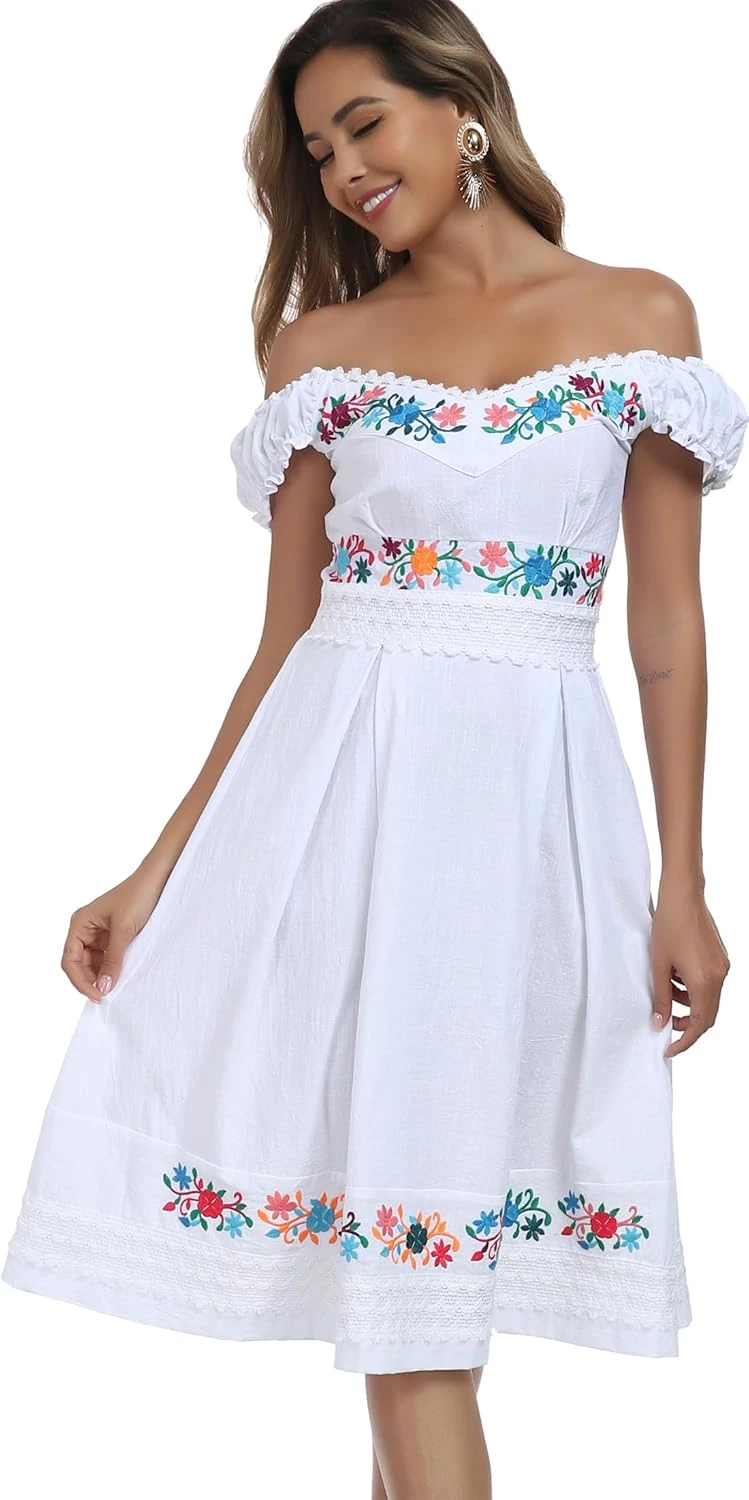 White off shoulder embroidered midi dress for boho occasions