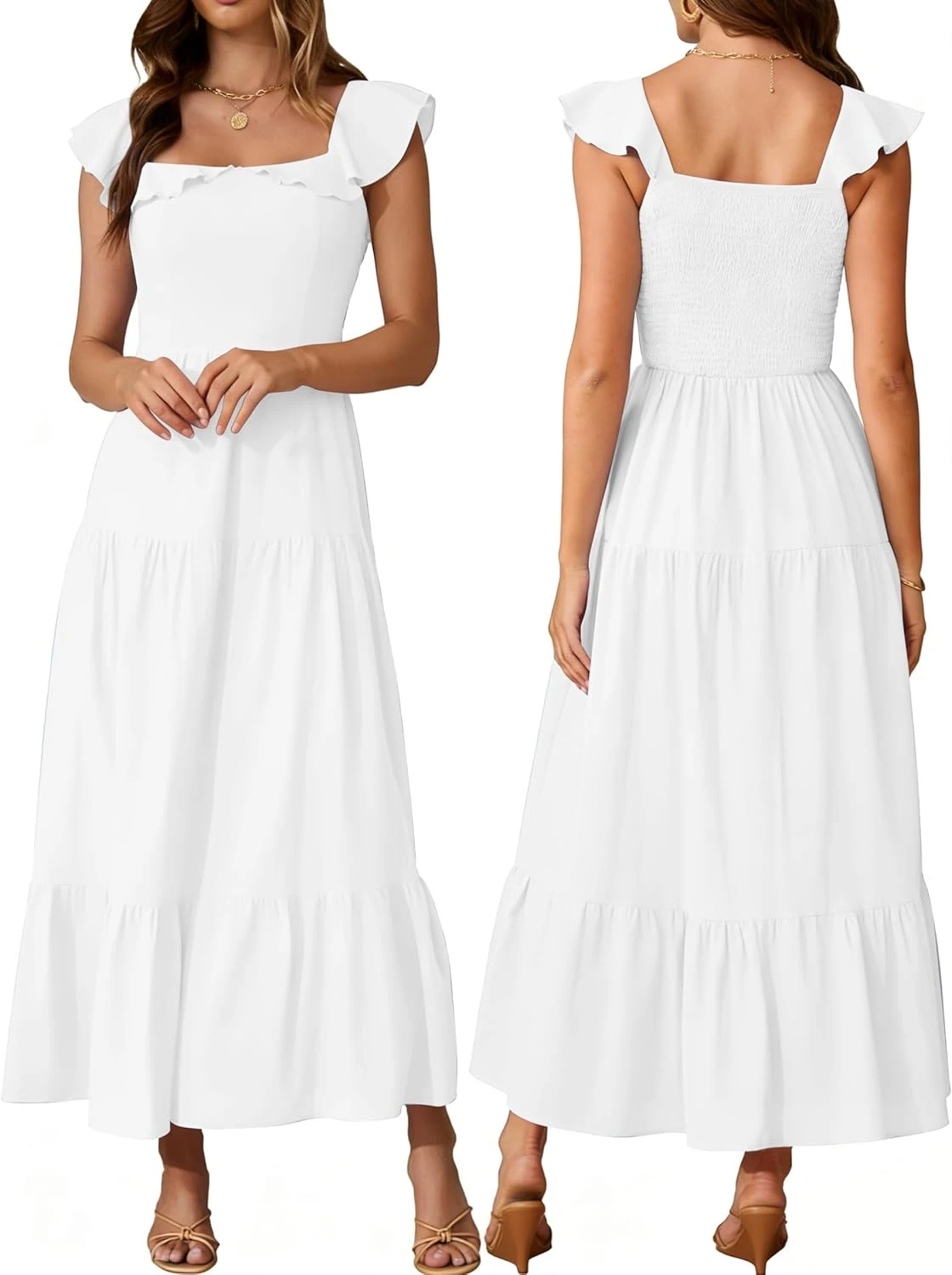 White tiered smocked maxi dress for boho summer outfits