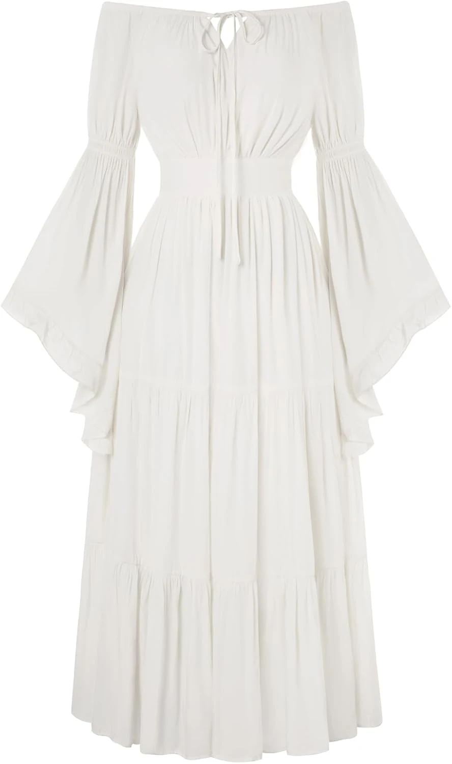 White wrap maxi dress with bell sleeves for boho evenings