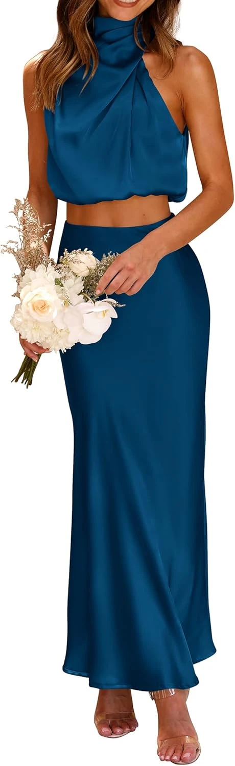 two-piece satin crop top and mini skirt homecoming dress set
