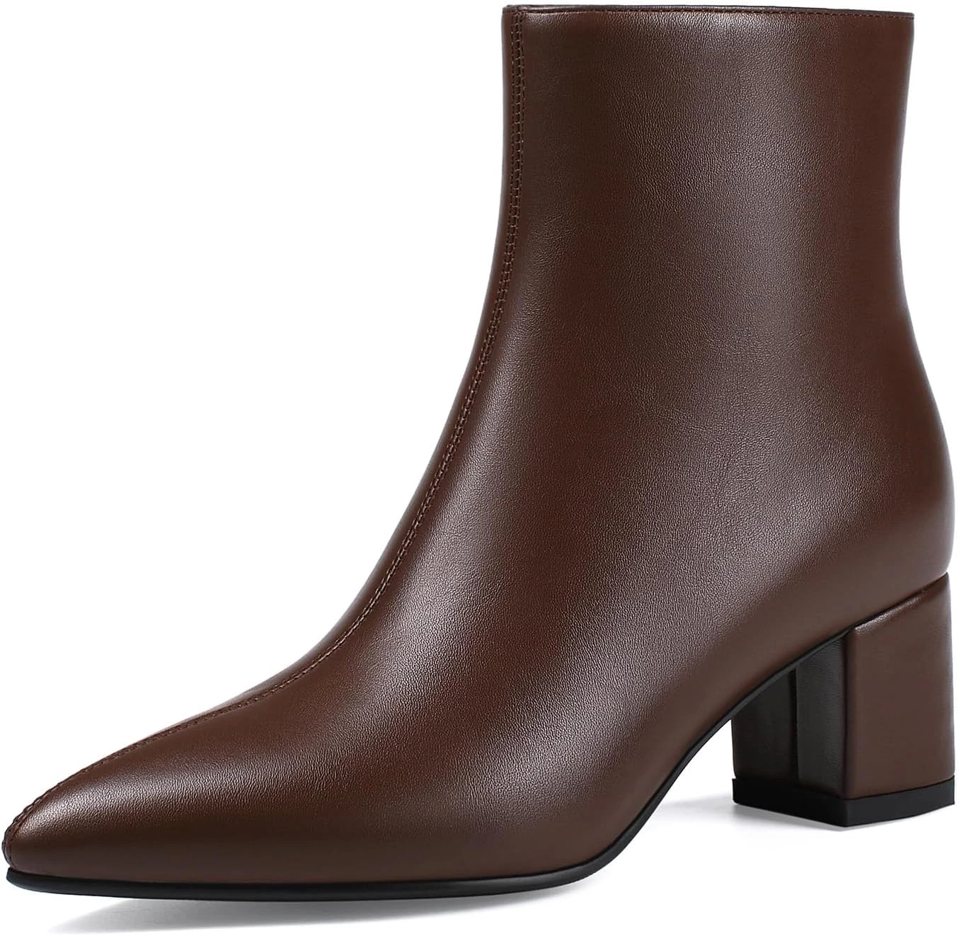 Women's low heel brown leather ankle boots for a brown leather jacket look