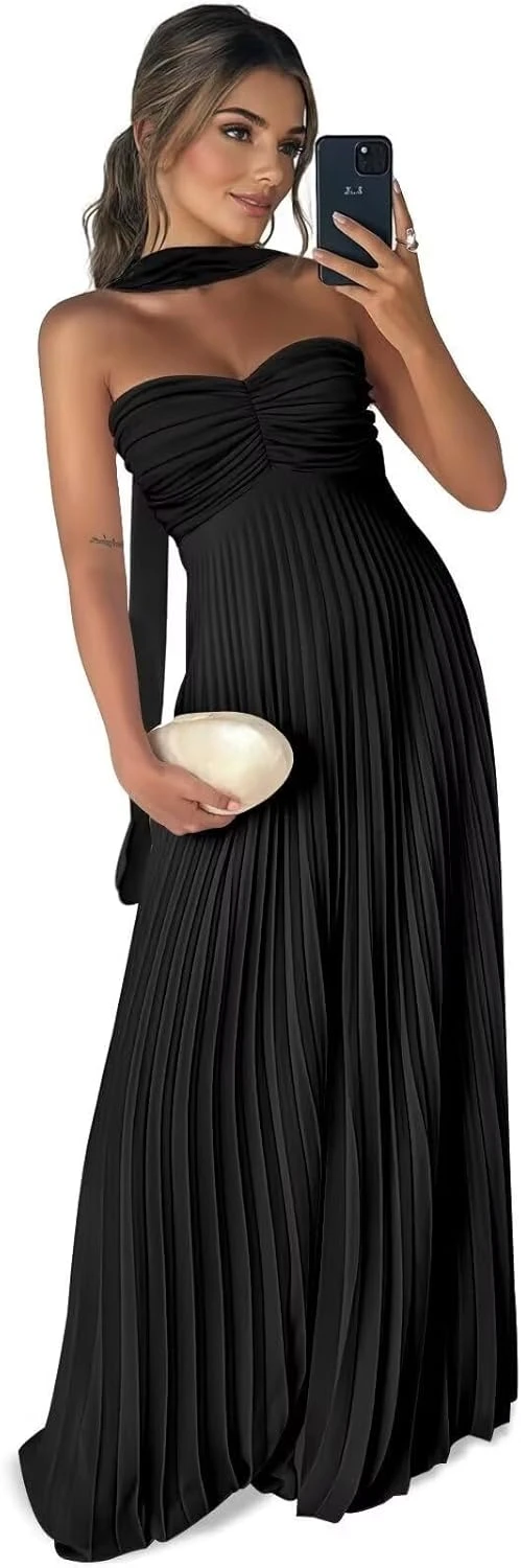 black strapless A-line prom dress for a formal event