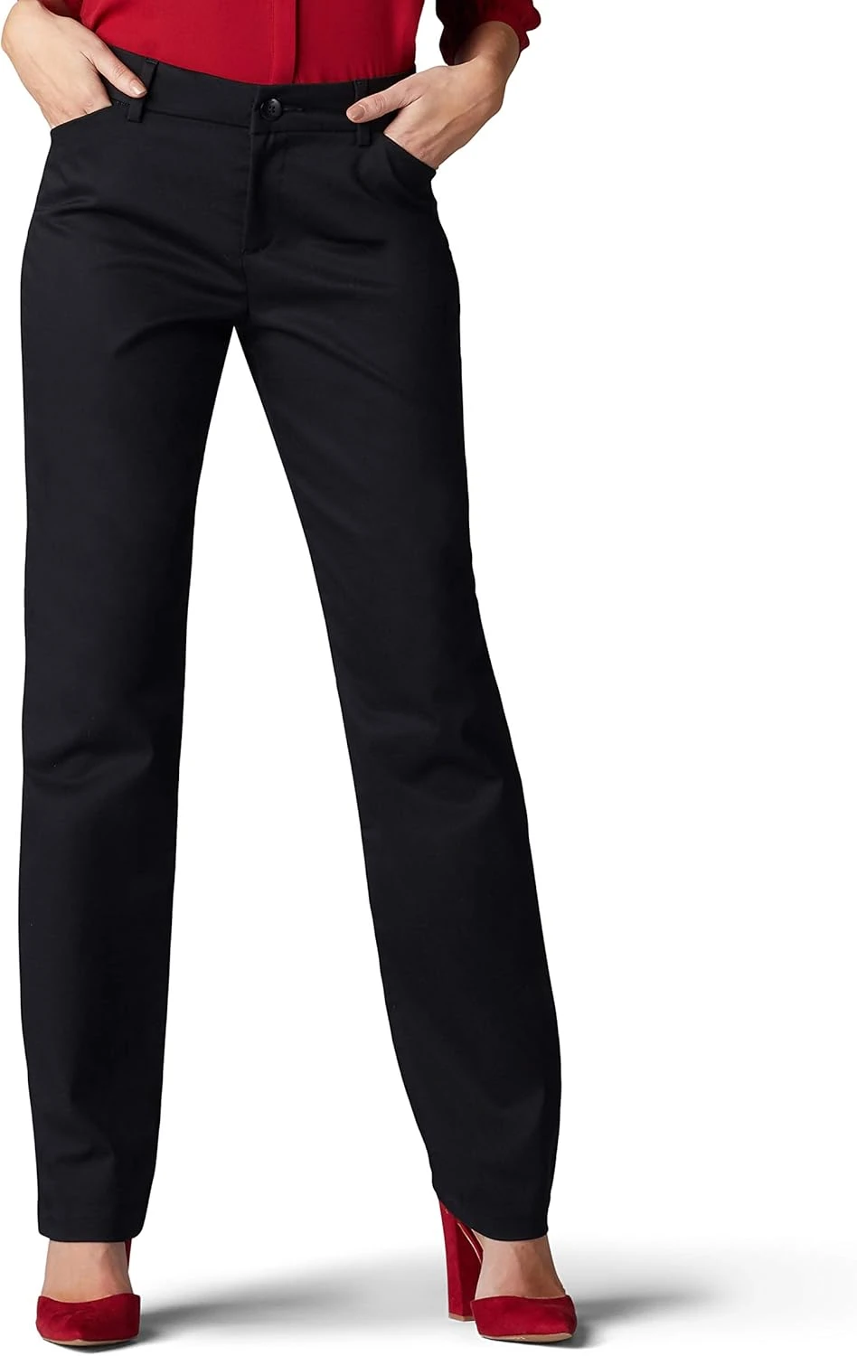 Women's black straight leg trousers for a white leather jacket outfit