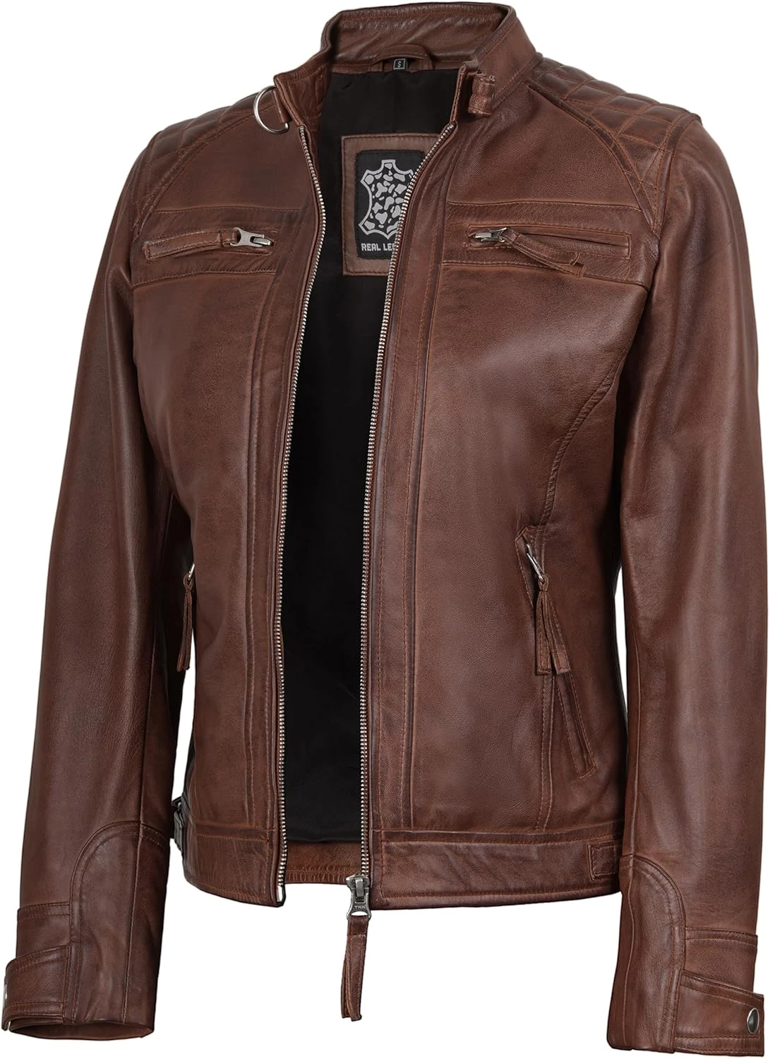 Women's cognac moto brown leather jacket for a warm tonal outfit