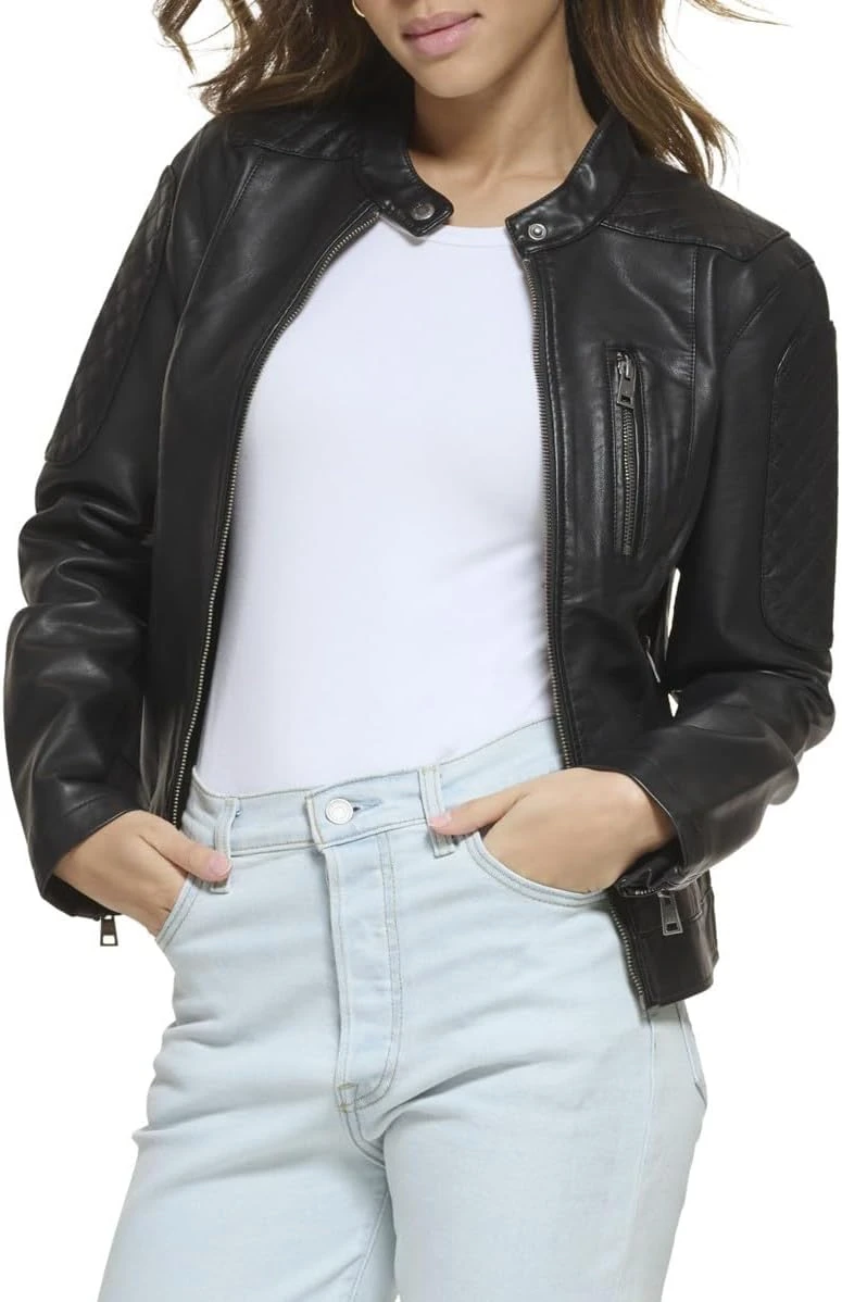 Women's fitted black leather jacket for a contrast dressing outfit