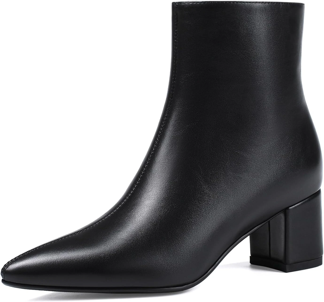 Women's black pointed toe ankle boots for a black leather jacket outfit