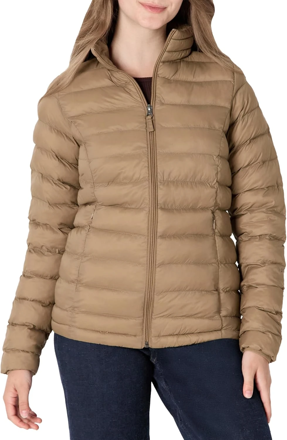 Women's fitted camel puffer jacket for a practical chic puffer jacket outfit