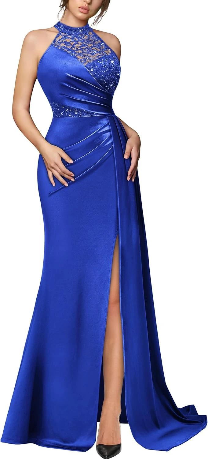 royal blue A-line satin prom dress for a formal dance