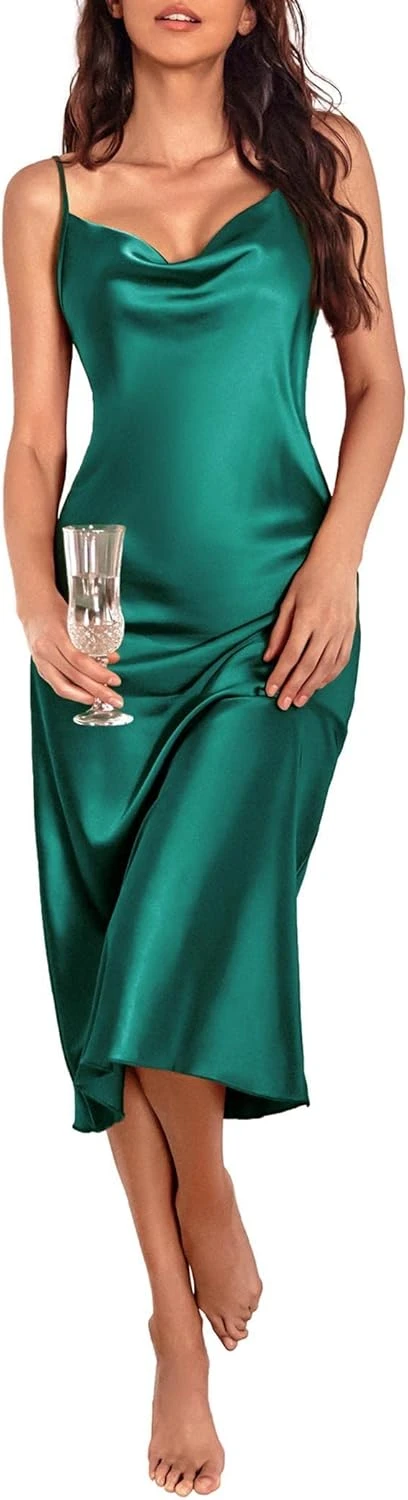 Women's satin slip midi dress for pairing with a leather jacket outfit
