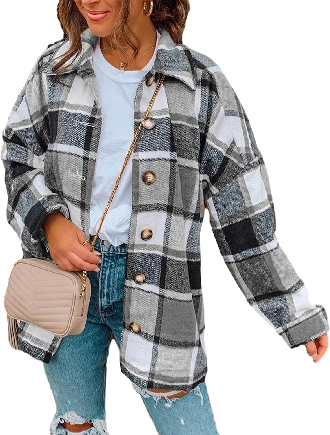 Women's oversized plaid flannel shacket for a relaxed layering outfit