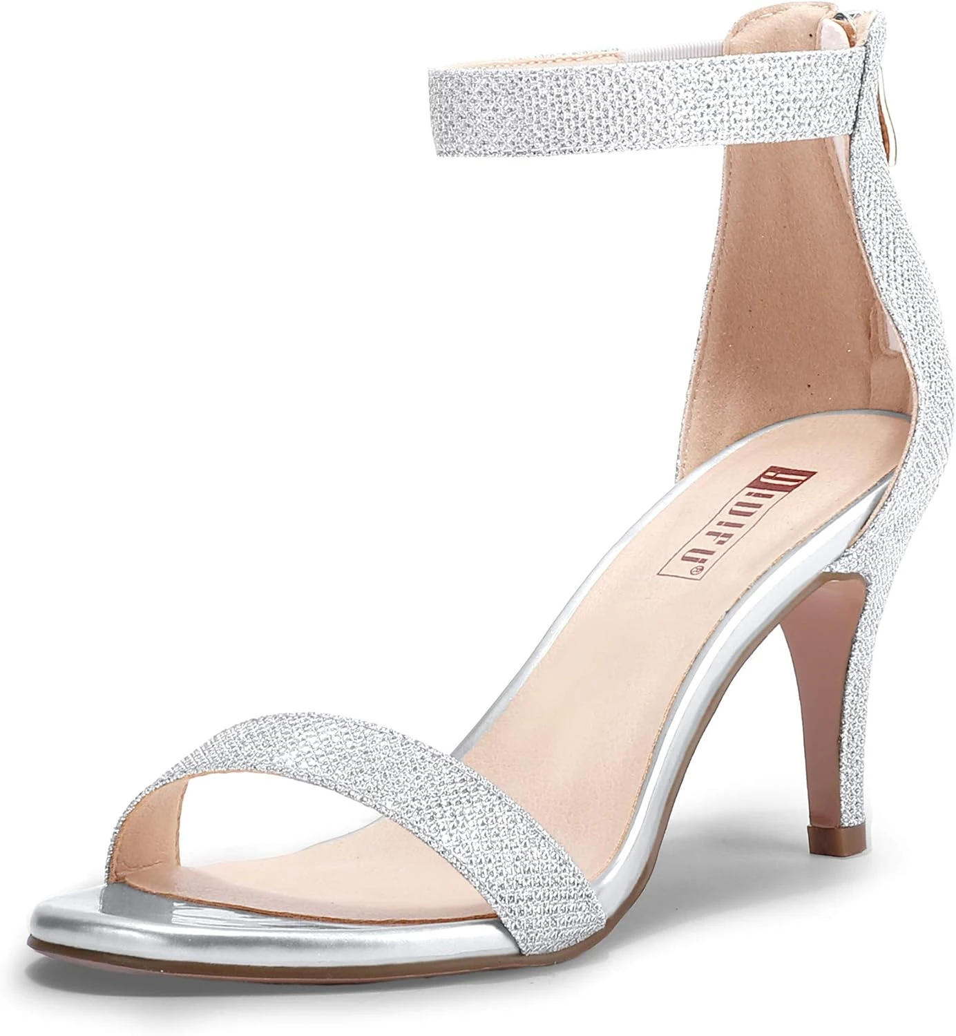 silver ankle strap heels for a blue prom dress look
