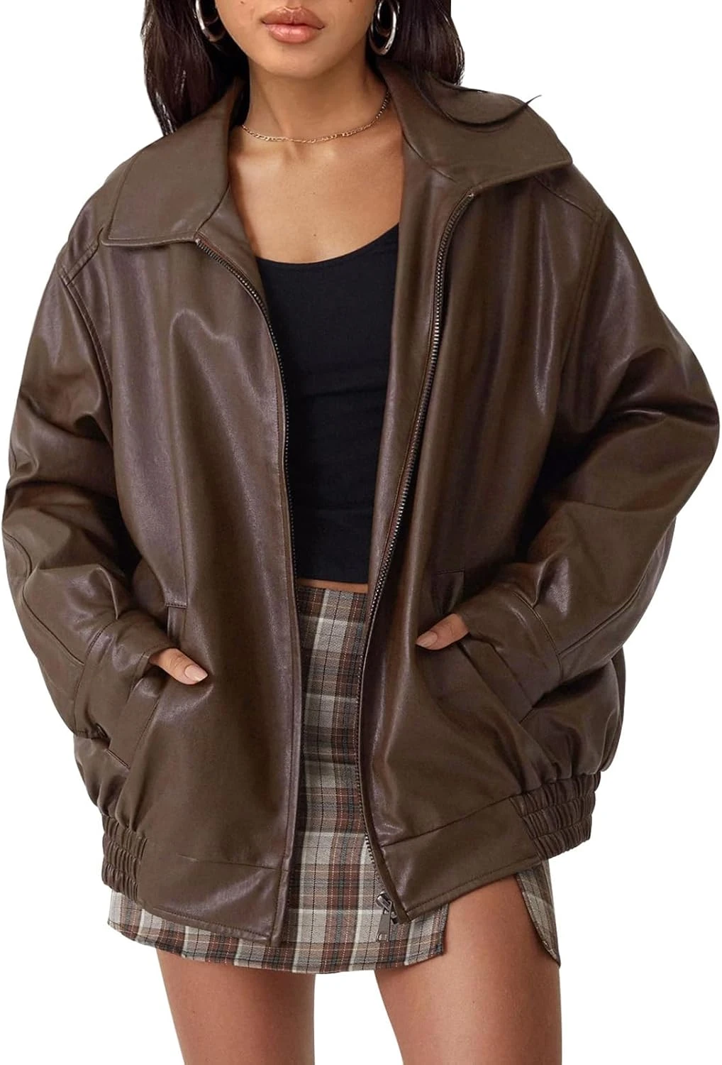 Women's wool and leather sleeve varsity jacket for a collegiate outfit
