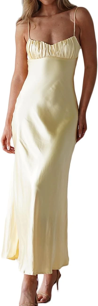 yellow A-line satin floor-length prom dress for a spring formal