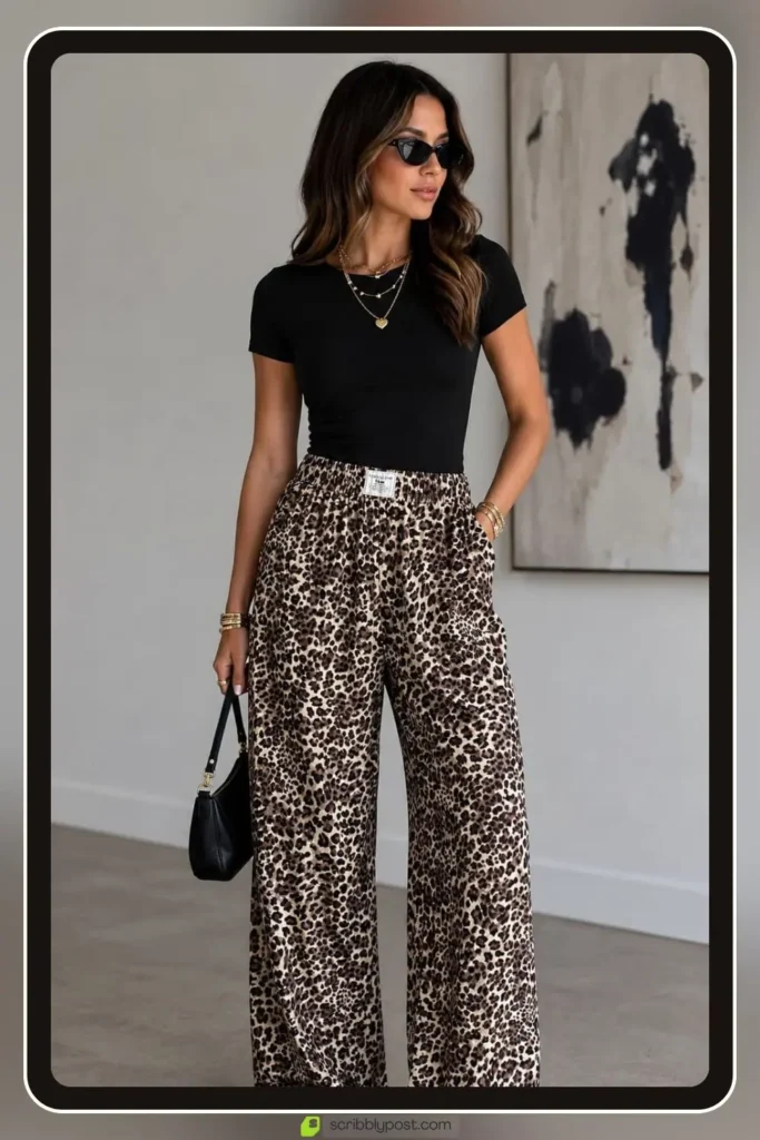 Abstract print straight leg pants with plain top elevated outfit