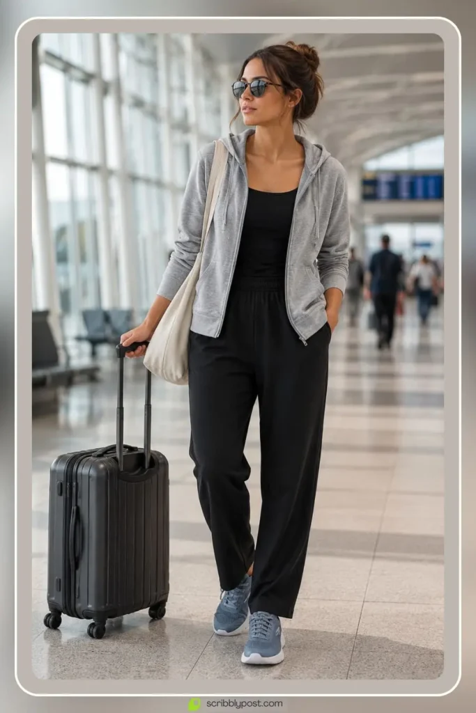 Airport travel day outfit with layered comfortable pieces