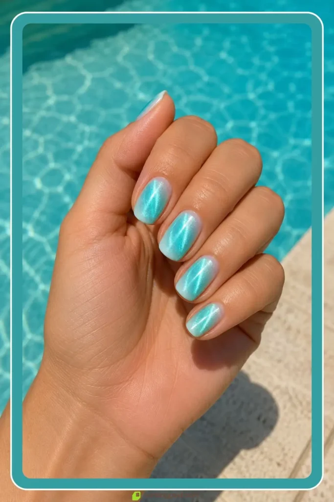 Aqua summer cat eye nails with turquoise shimmer on short nails