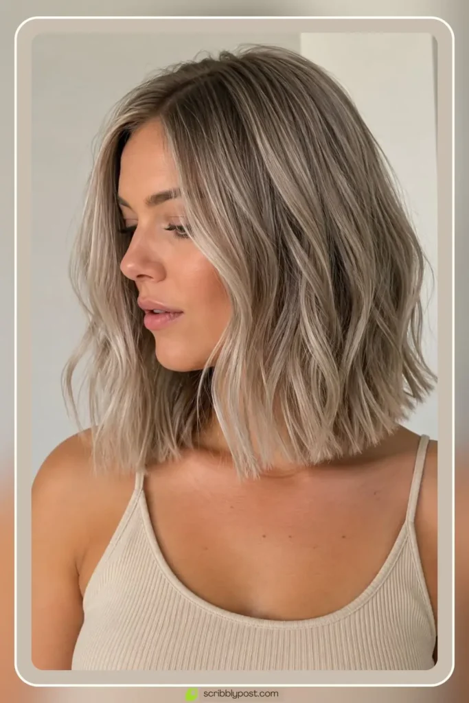Ash blonde hair styles in shoulder length lob with cool tone