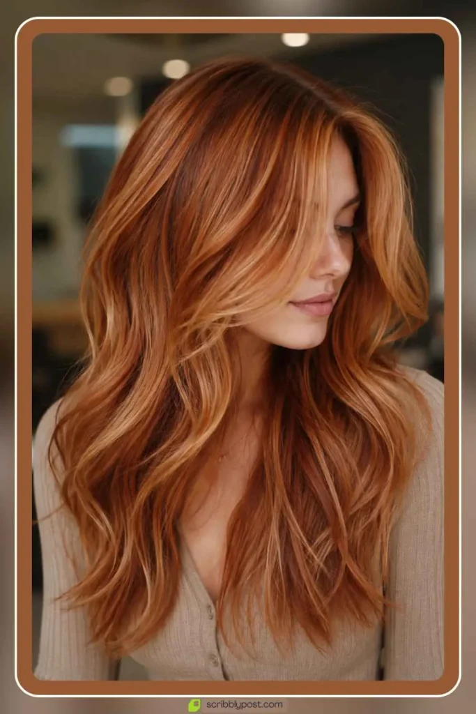Auburn copper and peach blonde blended hair color on long layers