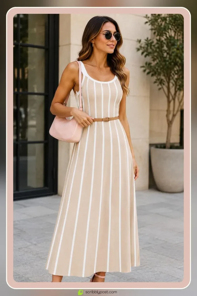 Neutral outfit with baby pink bag and shoe accents