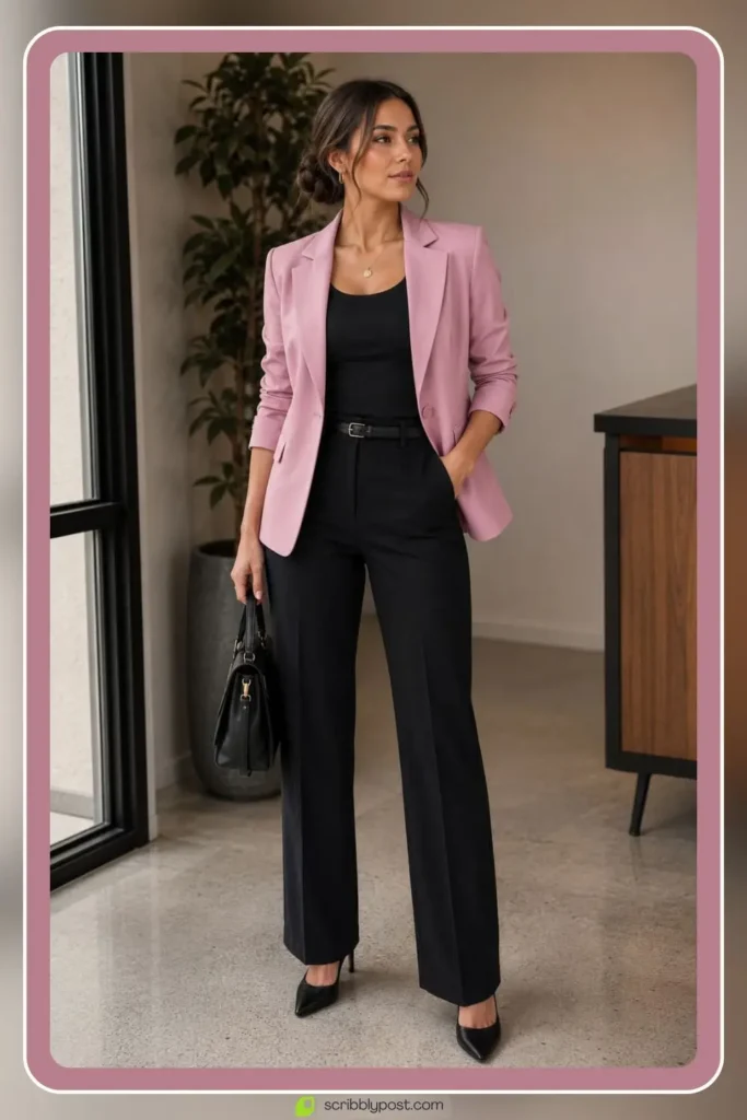 Baby pink blazer over neutral base for structured outfit