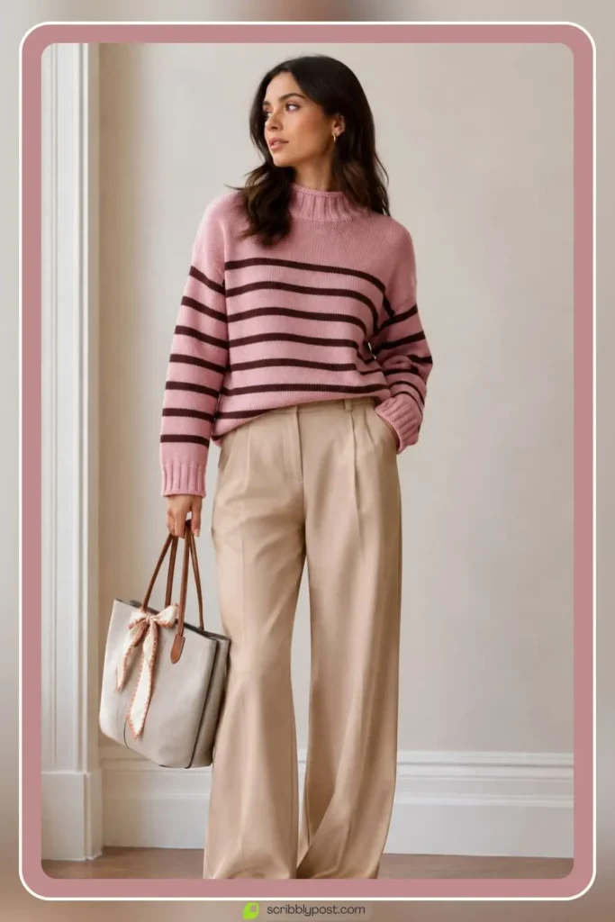 Baby pink knit sweater with tailored trousers and tan accessories