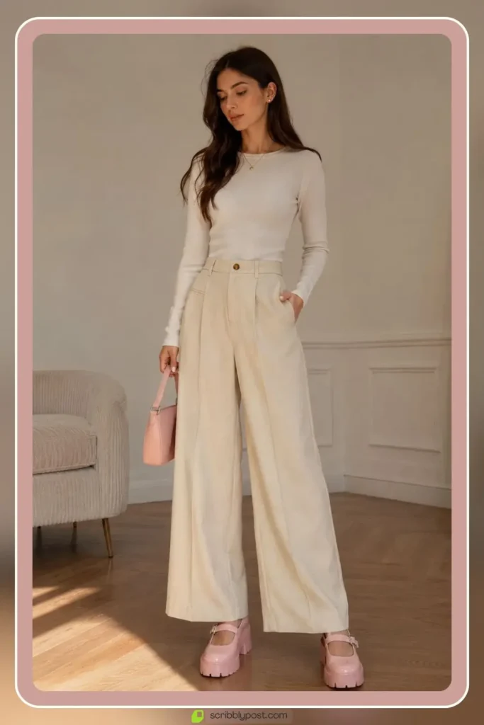 Baby pink outfit with block heel mary jane shoes