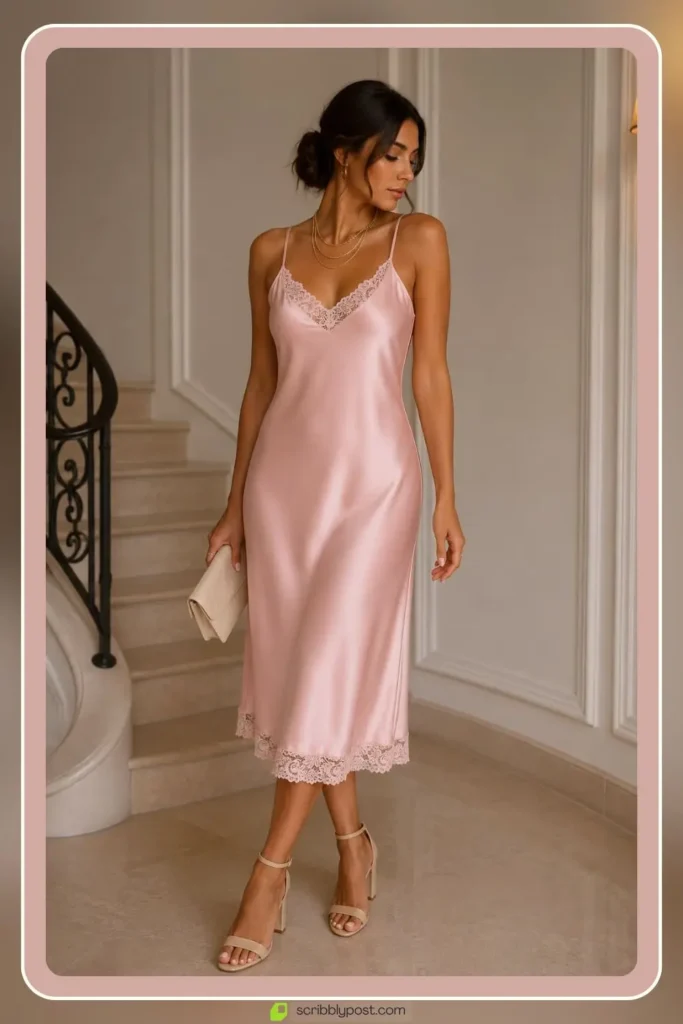 Baby pink satin slip dress for evening outfit