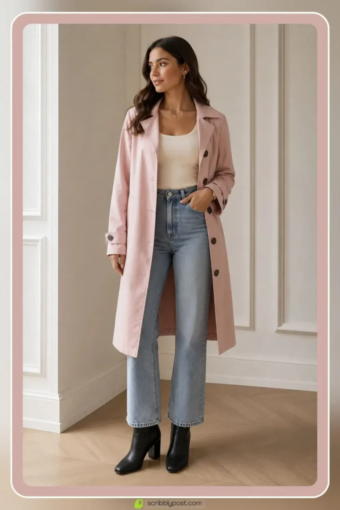 Baby pink trench coat over neutral outfit