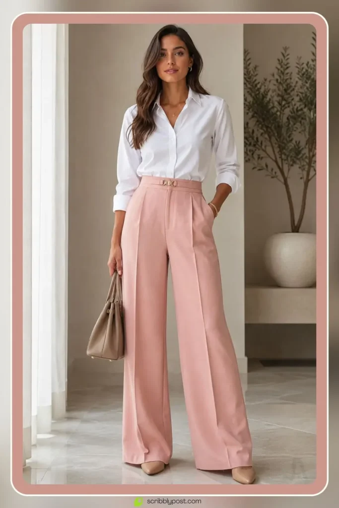 Baby pink wide leg trousers outfit with white top