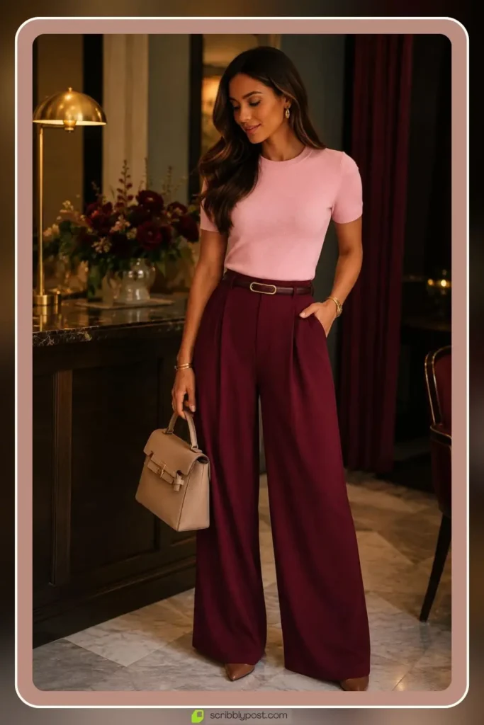 Baby pink piece styled with burgundy contrast outfit