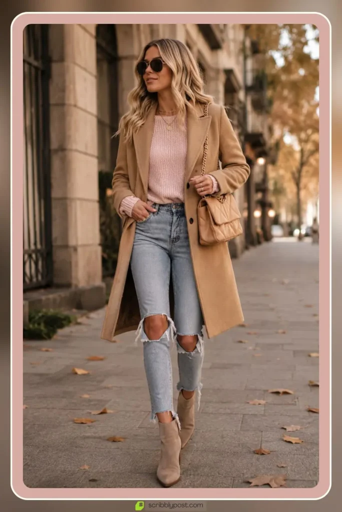 Baby pink sweater with camel coat and accessories