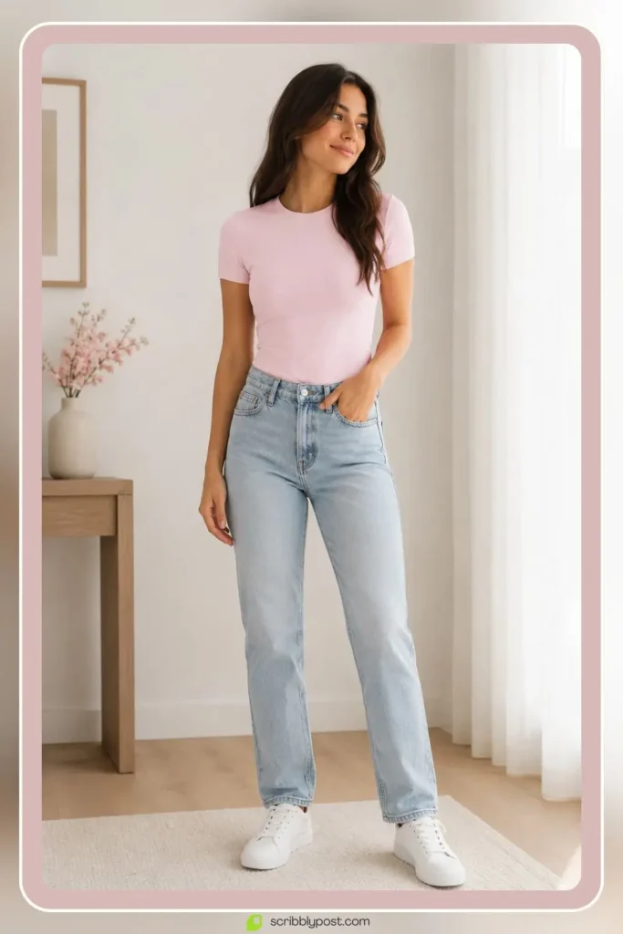 Baby pink top with light wash denim classic outfit