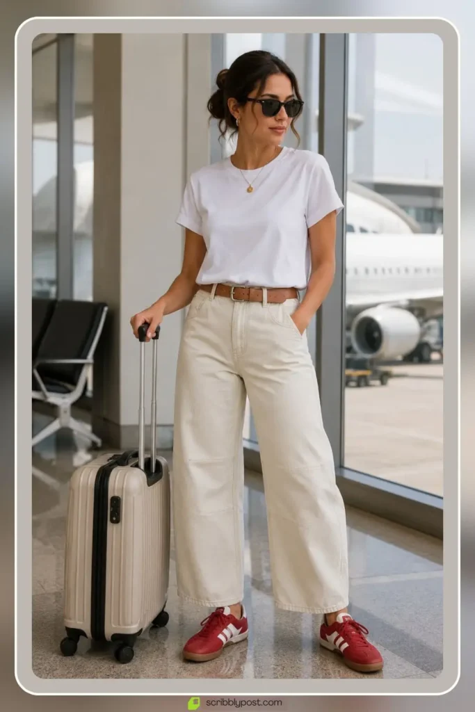 Curved barrel leg pants with a crisp white tee, Barrel Leg Pants and White Tee, trend forward travel outfit for women