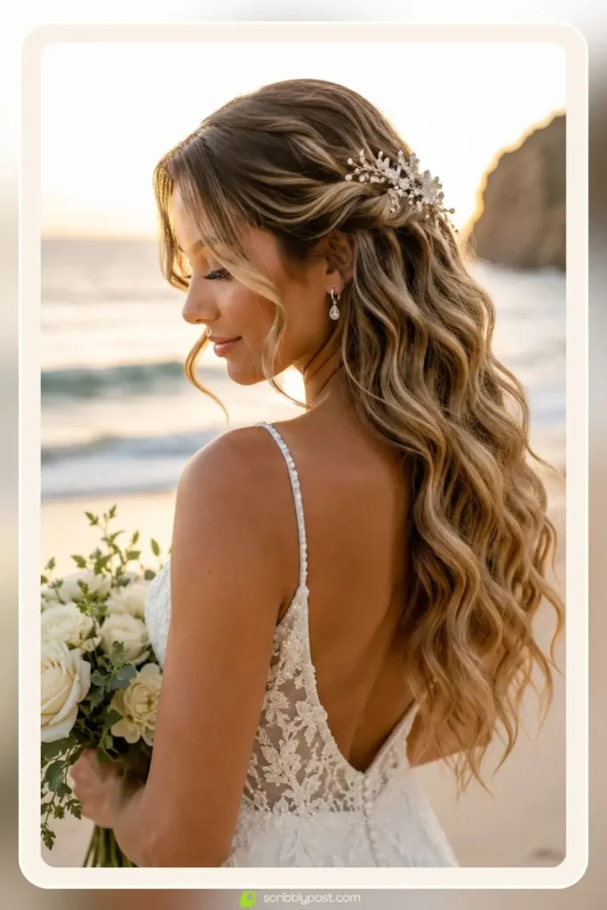 Polished beach wave wedding hairstyle with uniform curls and bridal hold spray
