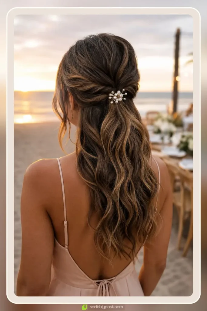 Beach wedding guest hairstyle with textured half-up style and decorative hair clip
