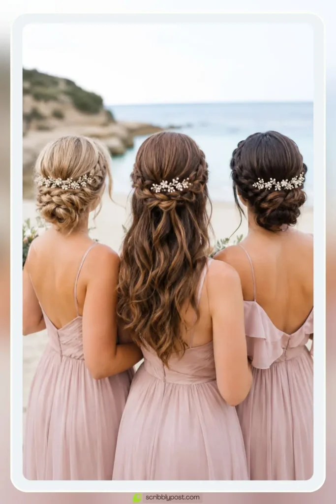Coordinated beach wedding bridesmaid hairstyle with braided half-up and matching hair clip