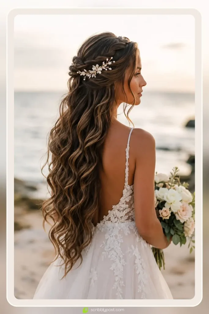 Beach wedding hairstyle for long hair with dramatic loose waves and bridal hair vine