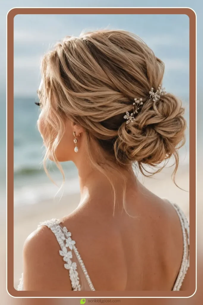 Beach wedding updo hairstyle with loose textured low bun and face-framing tendrils
