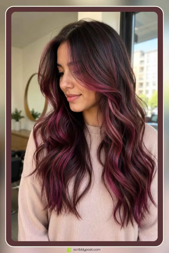 Berry highlight hair color on wavy long hair with pink tones