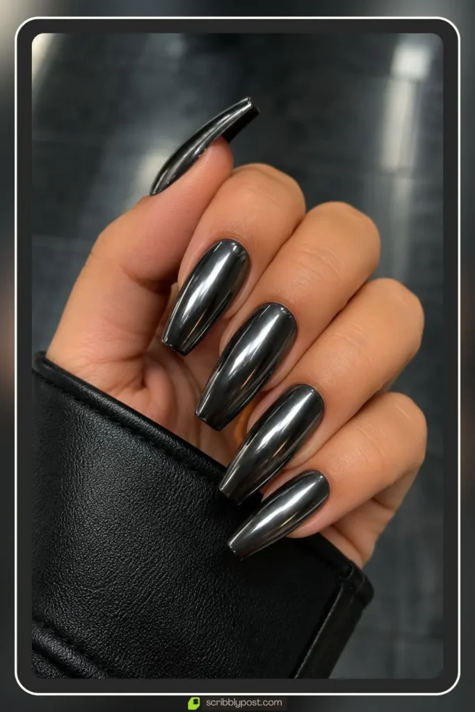 Black chrome nails with gunmetal mirror finish on coffin shape
