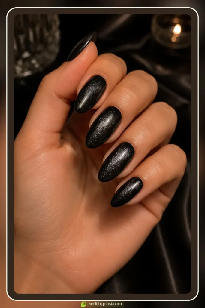 Black velvet nails with smoky charcoal shimmer glow